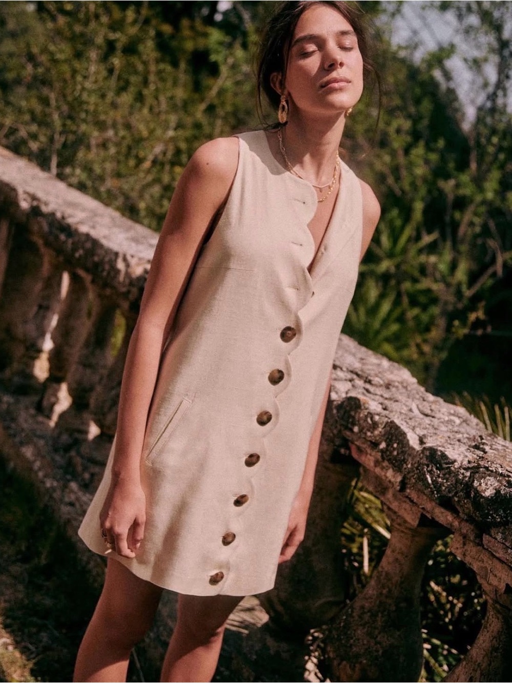 Sezane Mannie Dress Cream Scallop Linen Size 4 FR 36